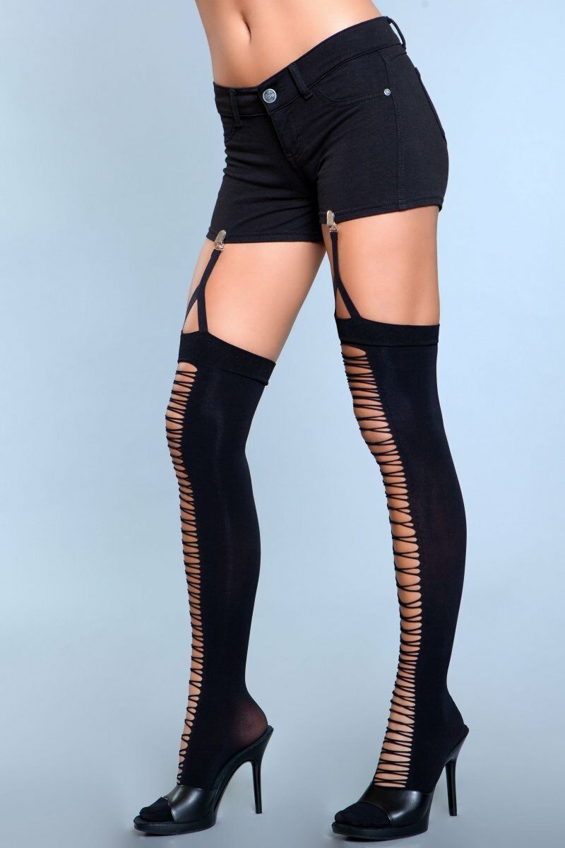 Lace Up Thigh Highs-Thigh High Hosiery-BeWicked-Black-O/S-SEXYSHOES.COM