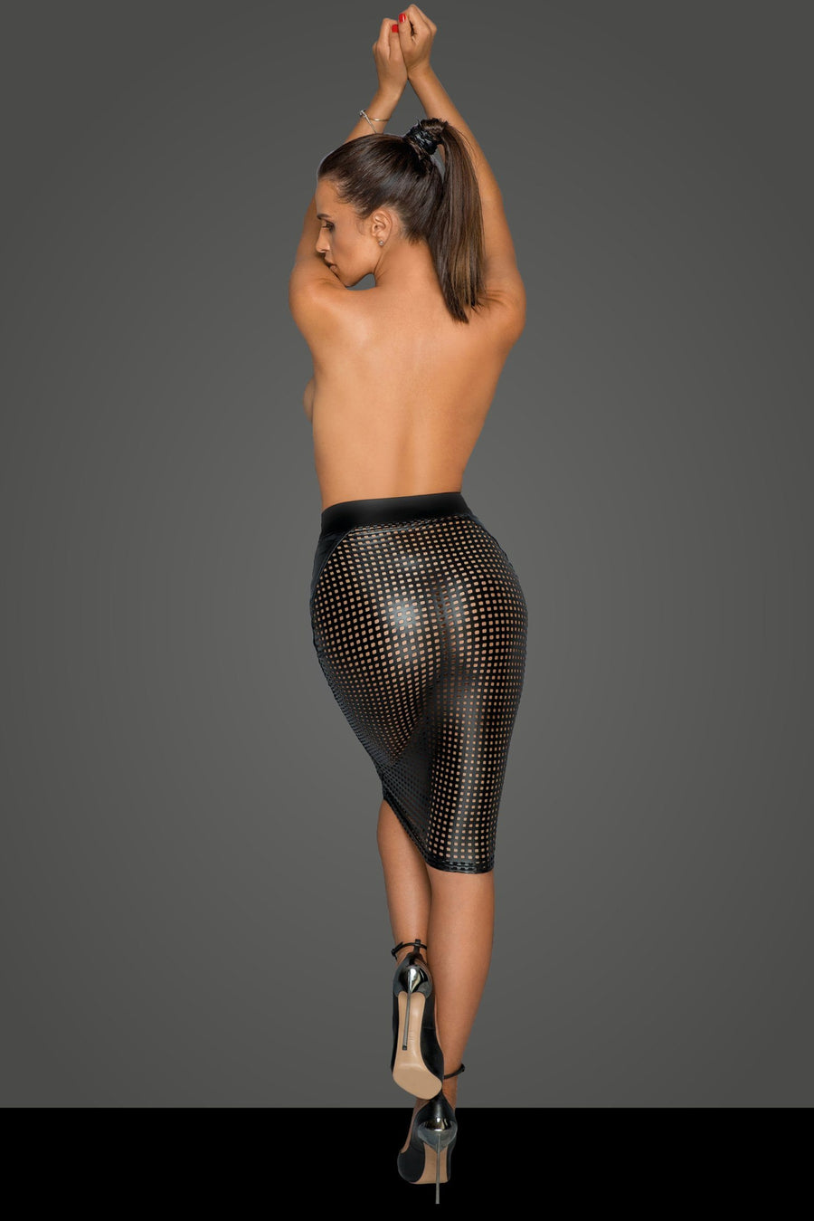 Noir Handmade Laser cut Skirt in Black Faux Leather