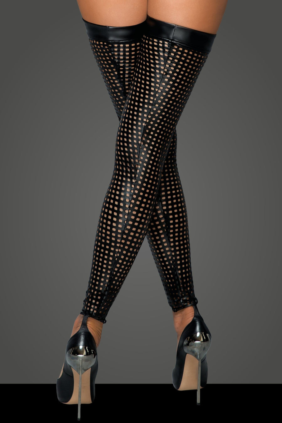 Noir Handmade Laser cut Stockings in Black Faux Leather