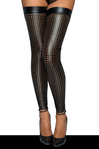 Noir Handmade Laser cut Stockings in Black Faux Leather
