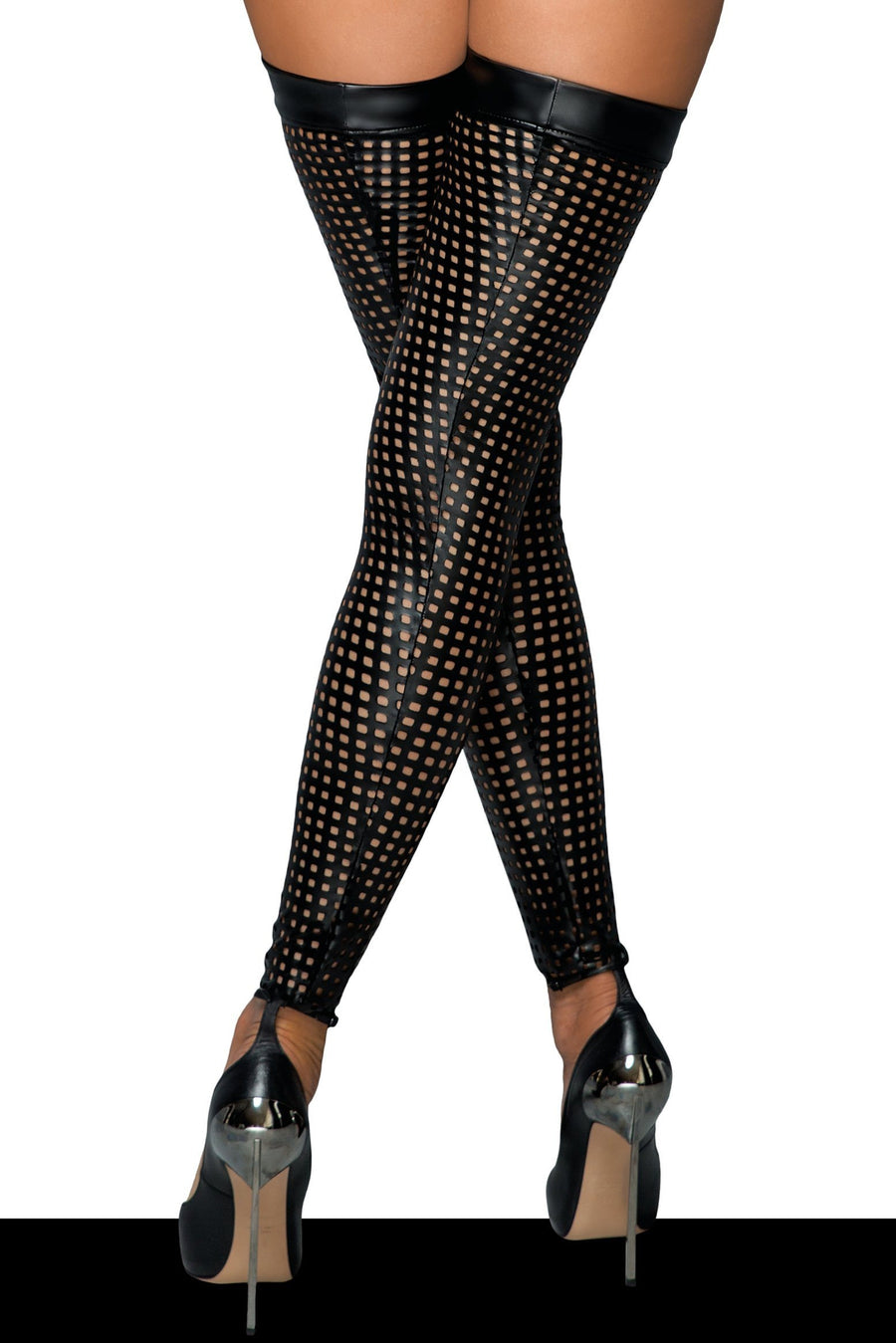 Noir Handmade Laser cut Stockings in Black Faux Leather