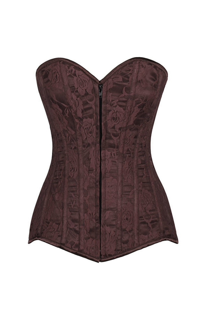 Lavish Dark Brown Lace Overbust Corset with Zipper-Daisy Corsets-SEXYSHOES.COM