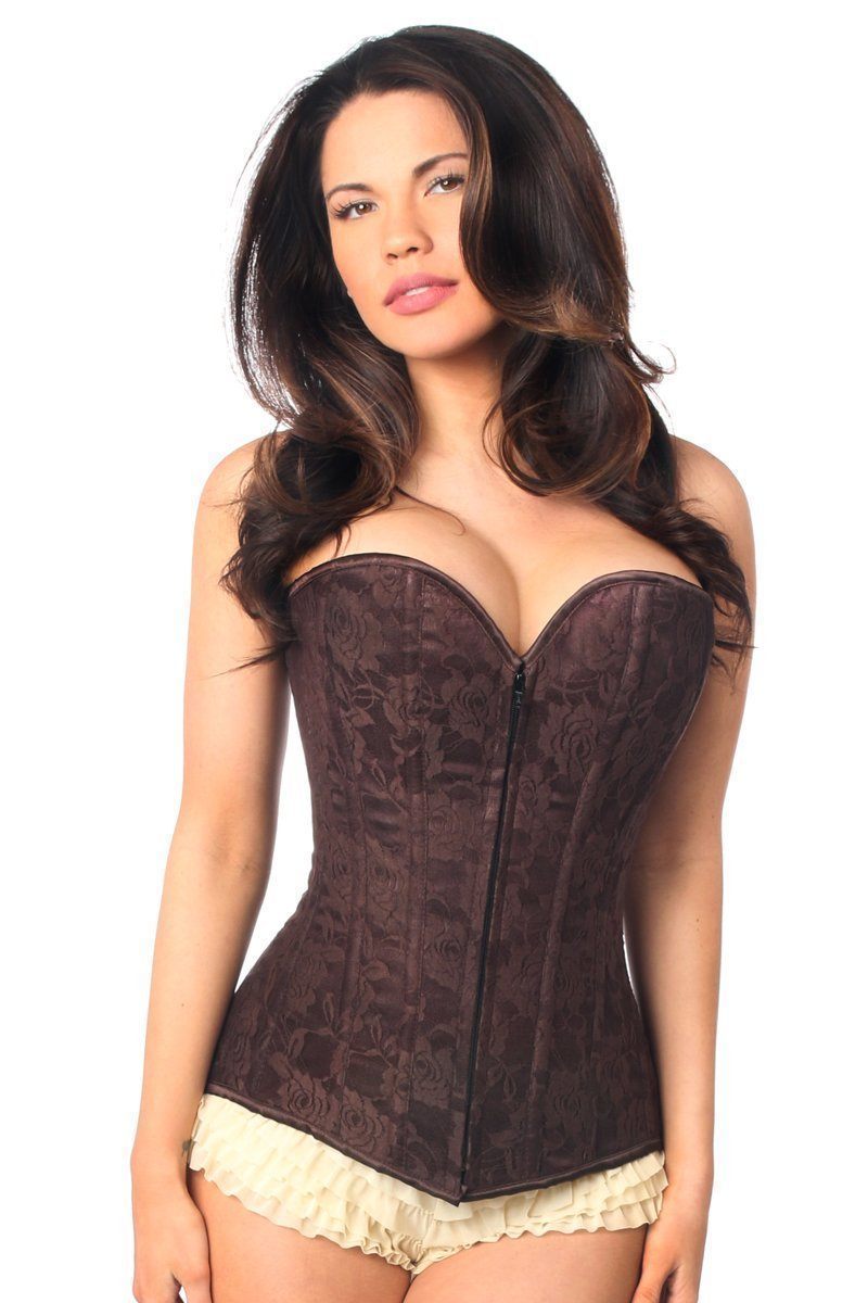 Lavish Dark Brown Lace Overbust Corset with Zipper-Daisy Corsets-SEXYSHOES.COM