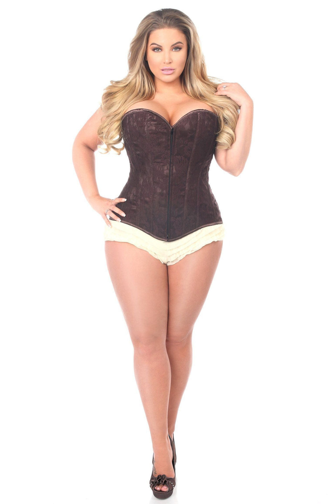 Lavish Plus Size Dark Brown Lace Overbust Corset with Zipper-Daisy Corsets-SEXYSHOES.COM