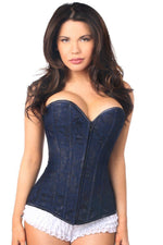 Lavish Plus Size Navy Blue Lace Overbust Corset with Zipper