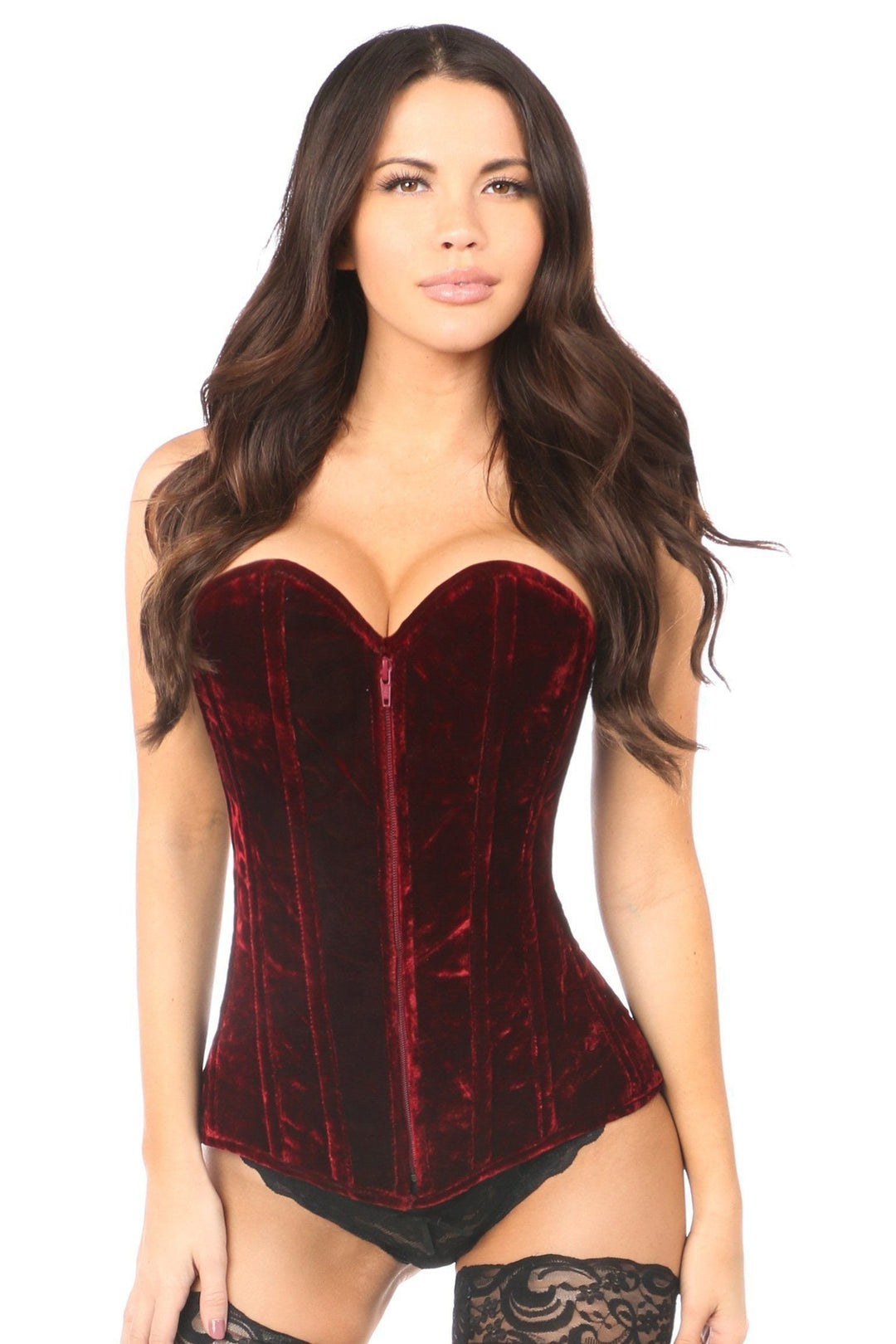 Lavish Red Crushed Velvet Overbust Corset-Daisy Corsets-SEXYSHOES.COM