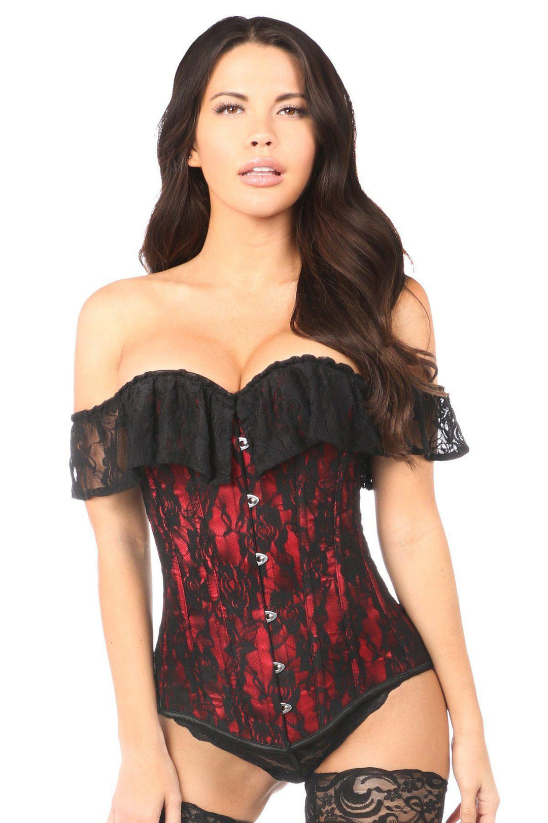 Daisy Corsets Lavish Red Lace Off The Shoulder Corset in Red  from SexyShoes.com