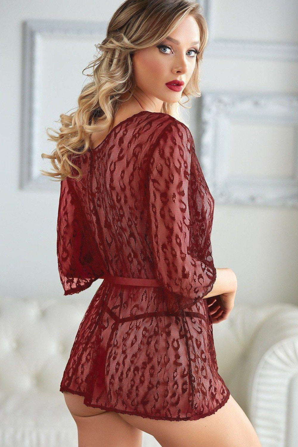Leopard Lace Robe with G-string-Robe-Allure Lingerie-Burgundy-O/S-SEXYSHOES.COM