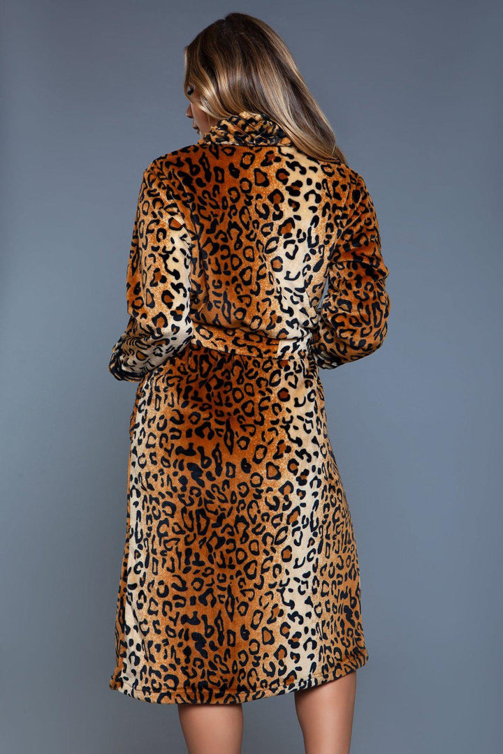 Leopard Print Long Flannel Robe-Gowns + Robes-BeWicked-SEXYSHOES.COM