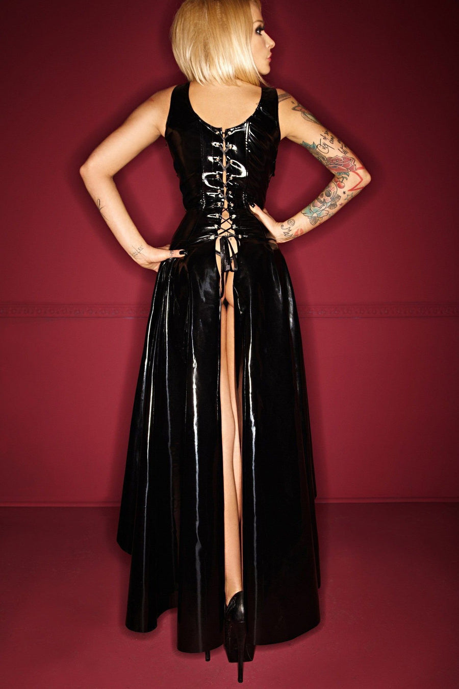Noir Handmade Long Fetish Gown in Black Faux Leather
