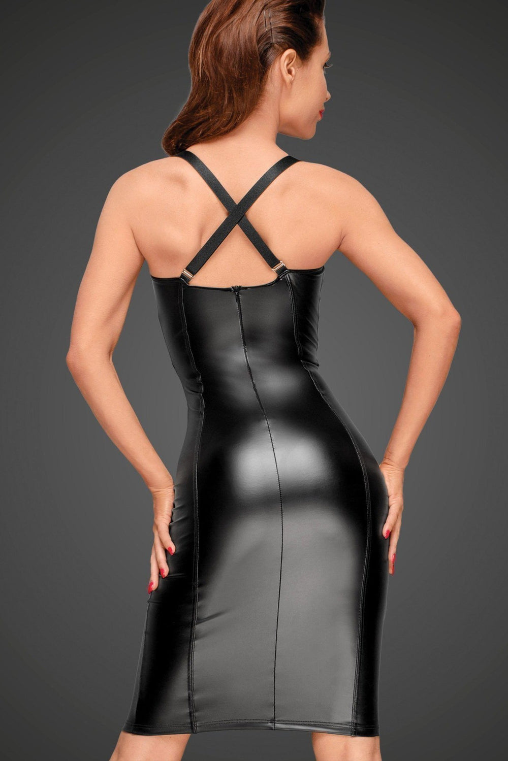 Noir Handmade Long Fitted Dress with Chequered Detail and Halter Straps in Black Wetlook