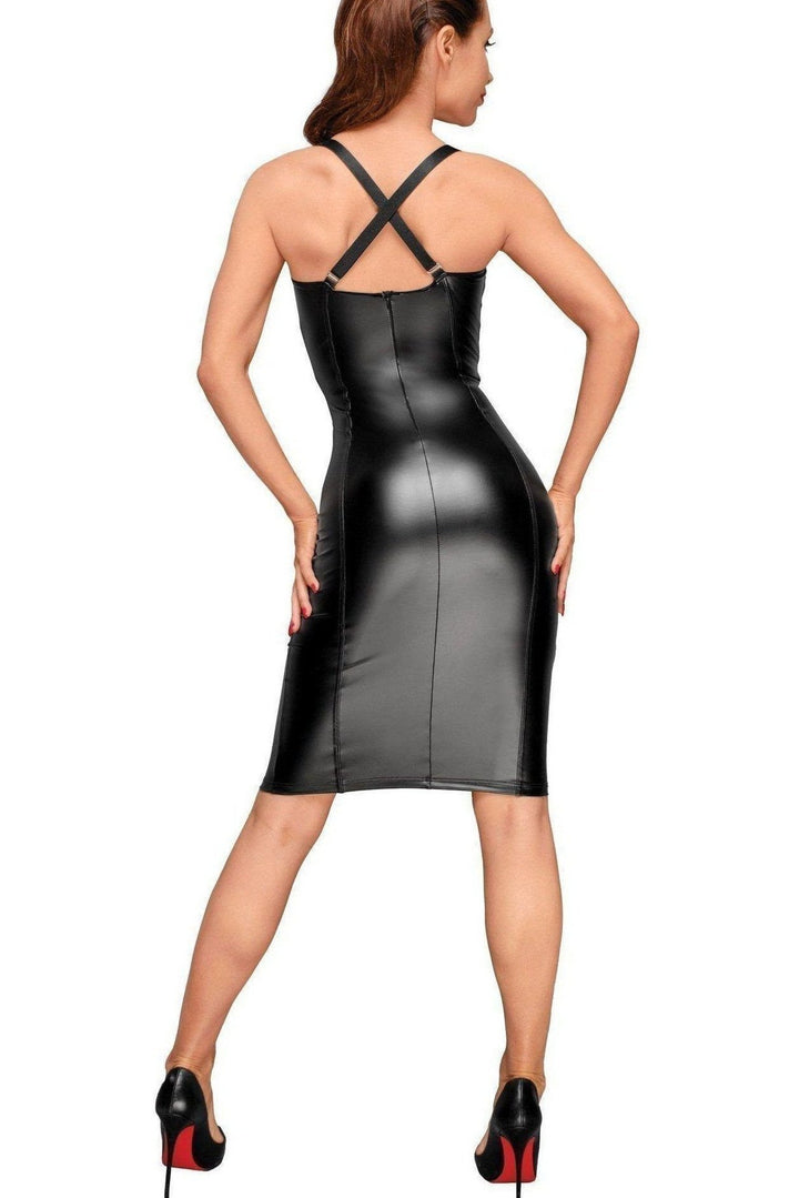 Long Fitted Dress with Chequered Detail and Halter Straps-Noir Handmade-SEXYSHOES.COM