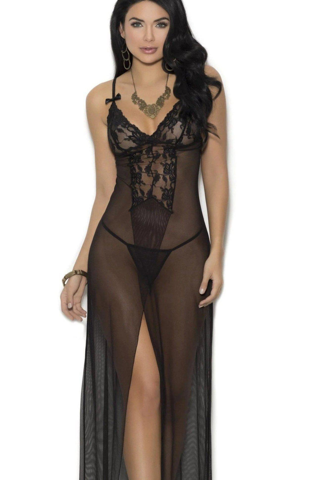 Long Mesh Gown with Satin Bows and Lace Includes Matching G-String-Elegant Moments-SEXYSHOES.COM