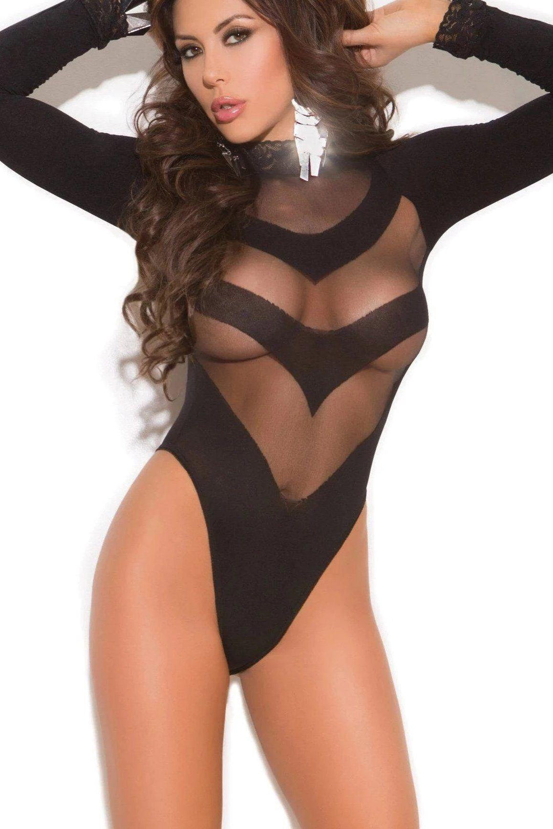 Elegant Moments Long Sleeve Burnout Teddy in Black  from SexyShoes.com