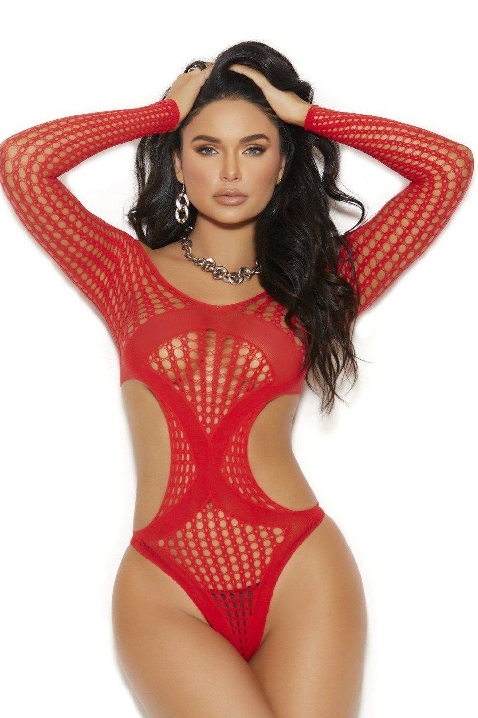 Long Sleeve Cut Out Crochet Teddy-Teddies-Elegant Moments-Red-O/S-SEXYSHOES.COM
