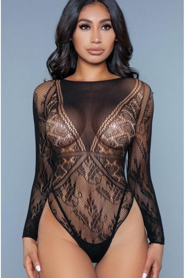 Long Sleeve Floral Lace Bodysuit-Bodysuits-BeWicked-Black-O/S-SEXYSHOES.COM