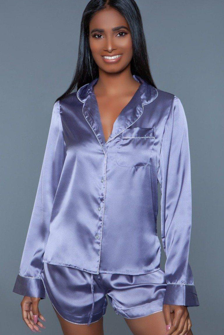 Long Sleeve Satin Sleepwear Set-Sleepwear-BeWicked-Purple-S-SEXYSHOES.COM