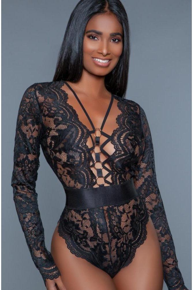 Long Sleeve Sheer Lace Bodysuit-Bodysuits-BeWicked-Black-S-SEXYSHOES.COM