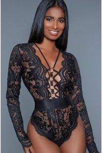 BeWicked Long Sleeve Sheer Lace Bodysuit in Black  from SexyShoes.com