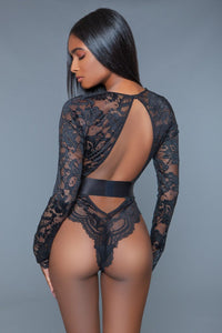 BeWicked Long Sleeve Sheer Lace Bodysuit in Black 