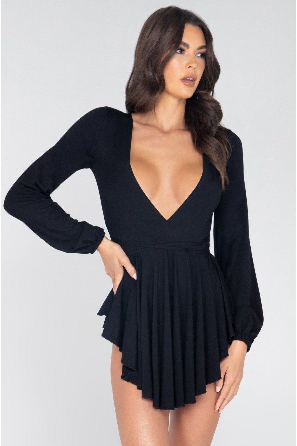 Long Sleeve Skater Dress with Criss-Cross Strap-Club Dresses-Roma Confidential-Black-L-SEXYSHOES.COM