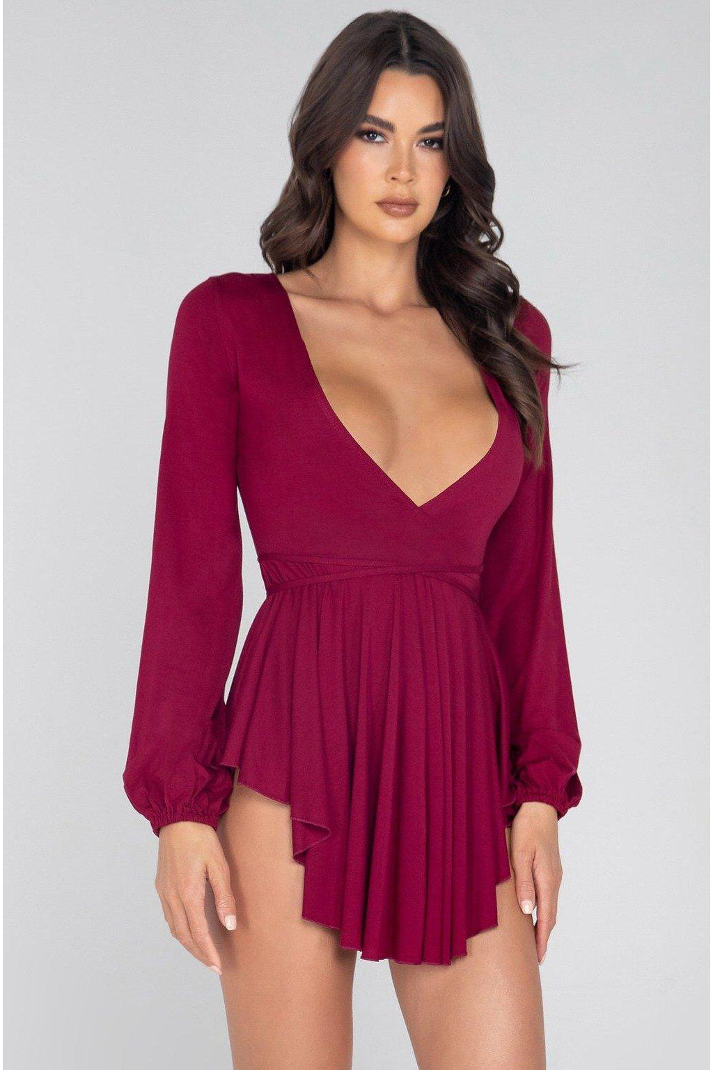 Long Sleeve Skater Dress with Criss-Cross Strap-Club Dresses-Roma Confidential-Burgundy-L-SEXYSHOES.COM
