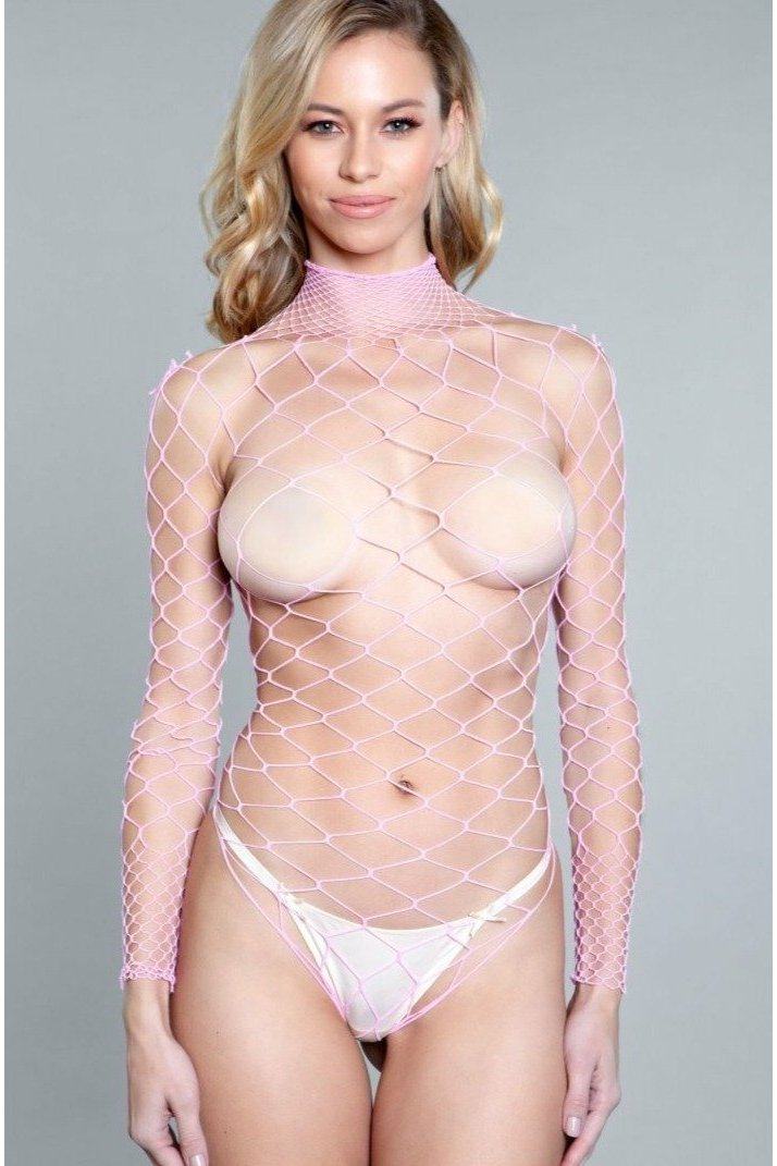 Long Sleeve Wide Fishnet Bodysuit-Bodysuits-BeWicked-Pink-O/S-SEXYSHOES.COM