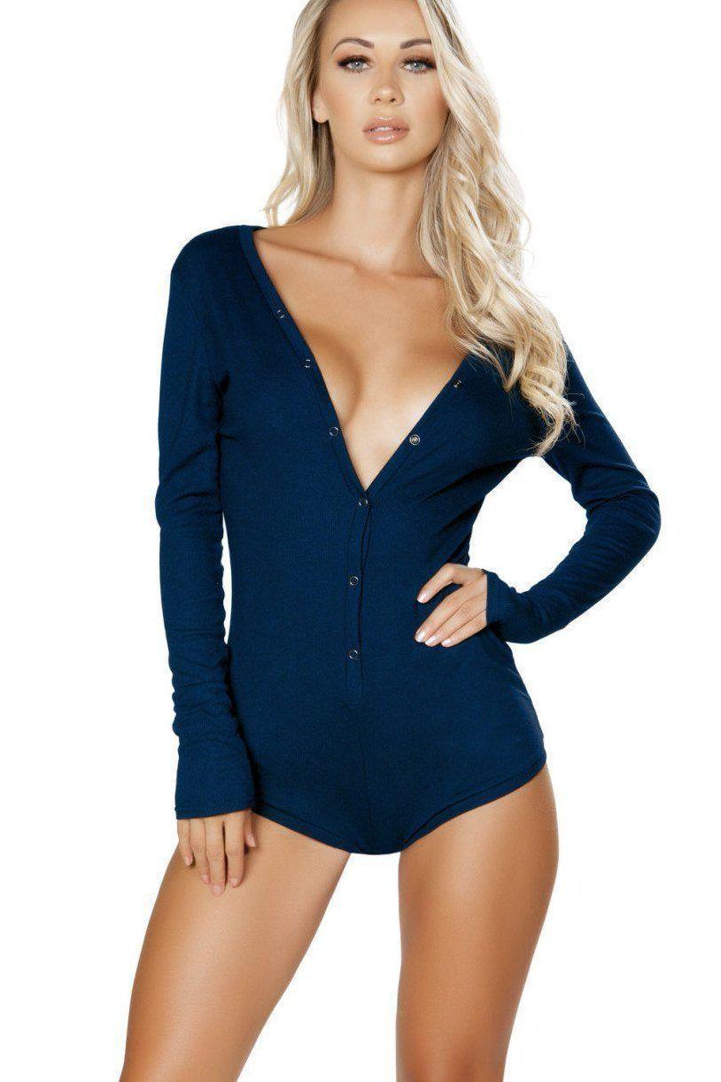 Roma Confidential Long Sleeved Comfy Romper in Blue  from SexyShoes.com