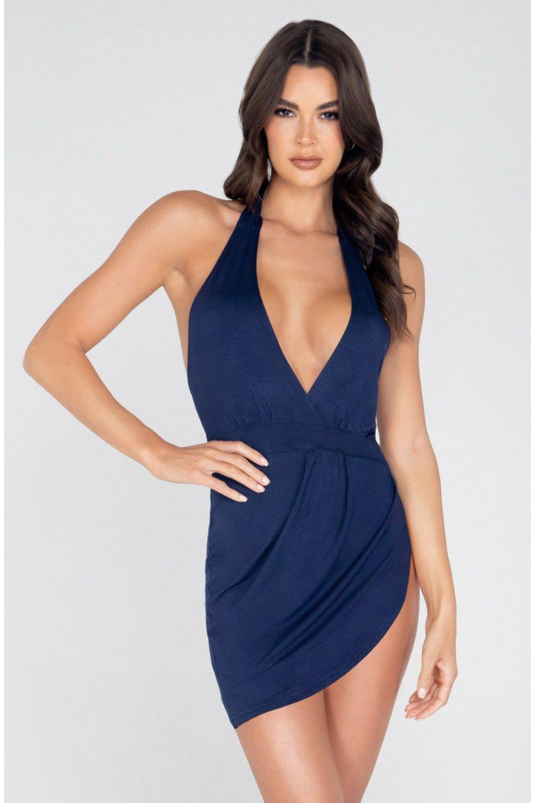 Low Plunge High Leg Cut Mini Dress-Club Dresses-Roma Confidential-Blue-L-SEXYSHOES.COM