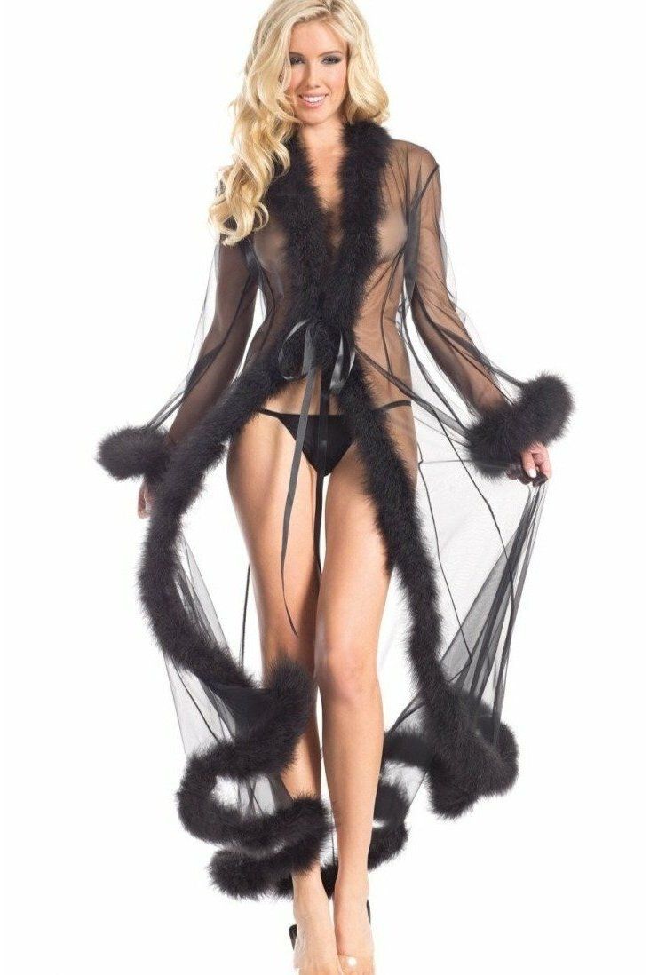 BeWicked Marabou Trimmed Full Length Robe in Black  from SexyShoes.com