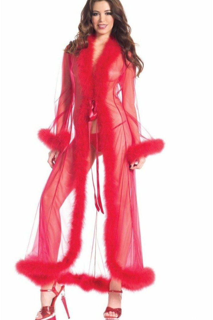 Marabou Trimmed Full Length Robe-Robes-BeWicked-Red-O/S-SEXYSHOES.COM