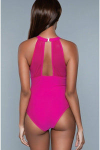 BeWicked Mesh Inset High Neck One Piece Swimsuit in Fuchsia 