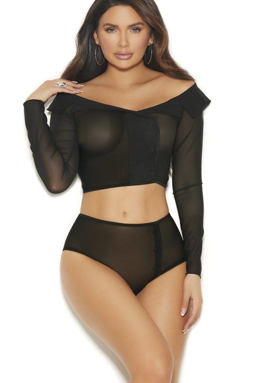 Elegant Moments Mesh Set With Collar Top And Panty in Black  from SexyShoes.com