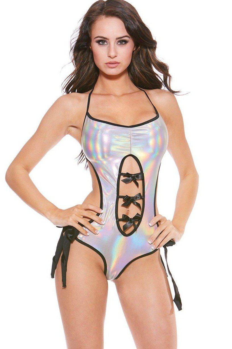 Metallic Keyhole and Bow Bodysuit-Dancewear Rompers-Bodyshotz-White-O/S-SEXYSHOES.COM