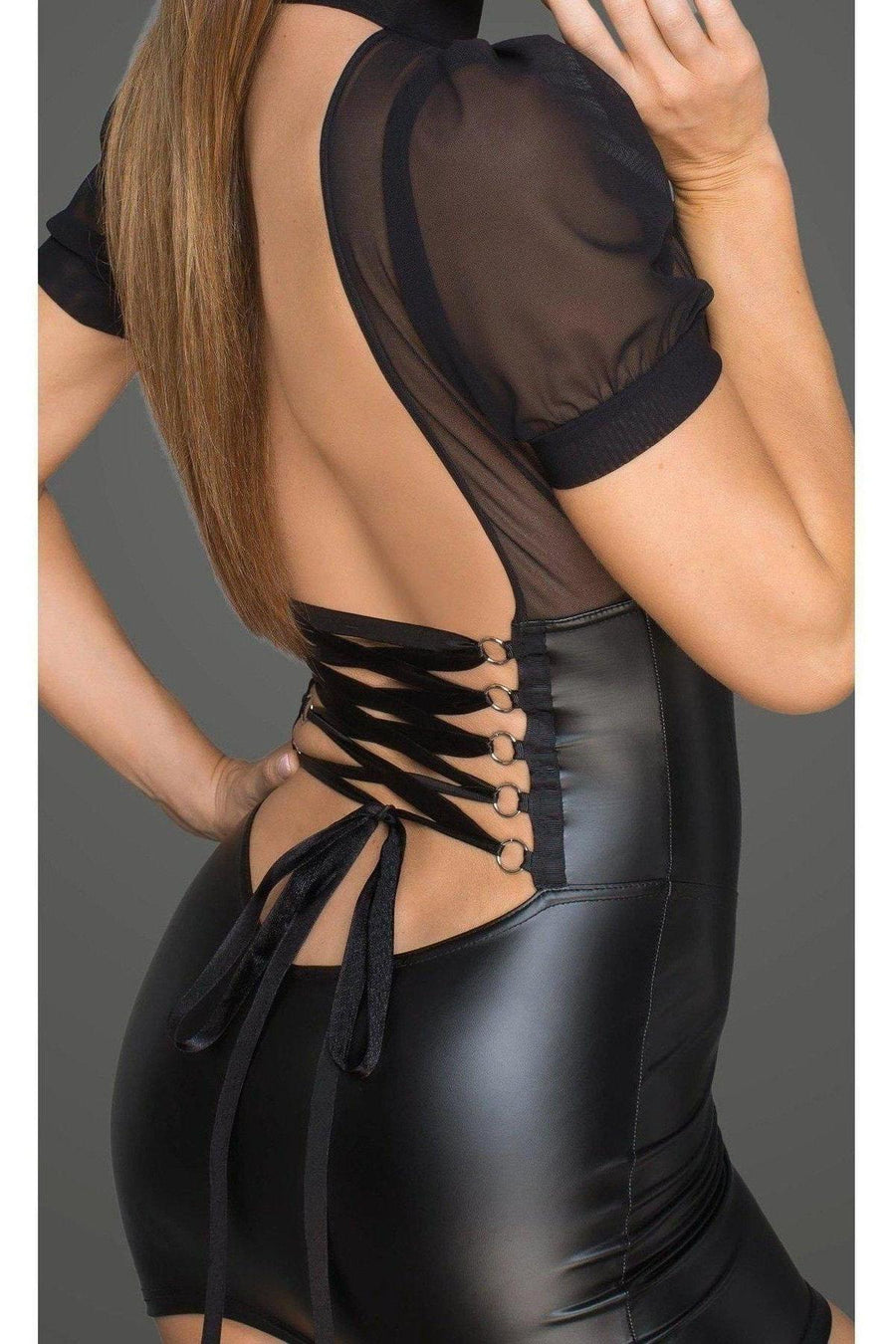 Noir Handmade Minidress With Tulle Top, Bouffant Sleeves & Corset Element in Black 