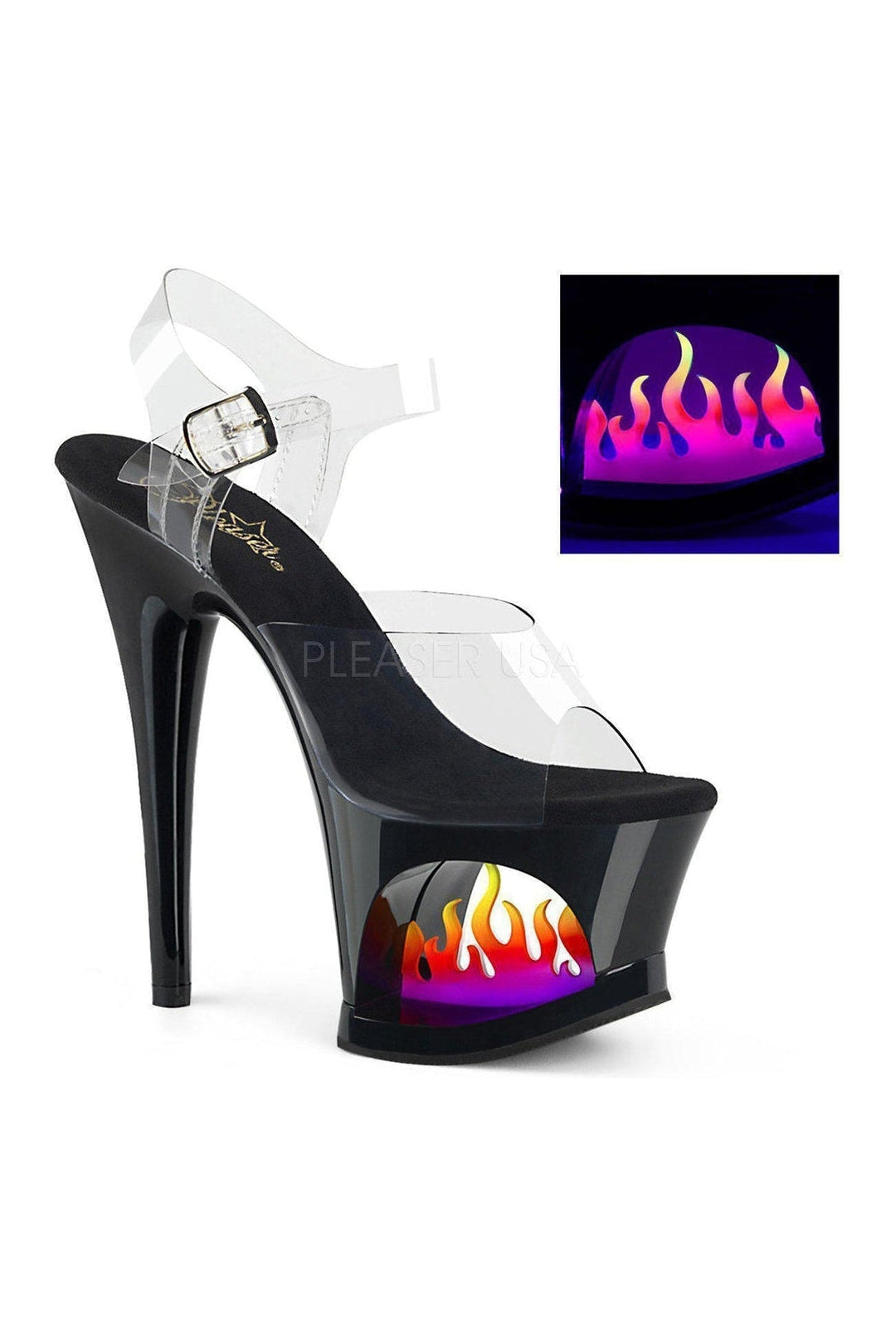 Pleaser MOON-708FLM Platform Sandal in Black Vinyl from SexyShoes.com