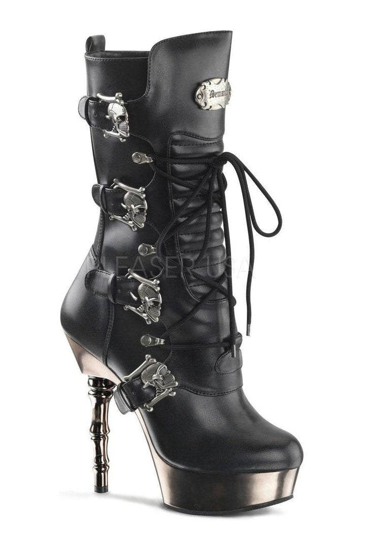 MUERTO-1026 Demonia Knee Boot | Black Faux Leather-Demonia-Black-Knee Boots-SEXYSHOES.COM