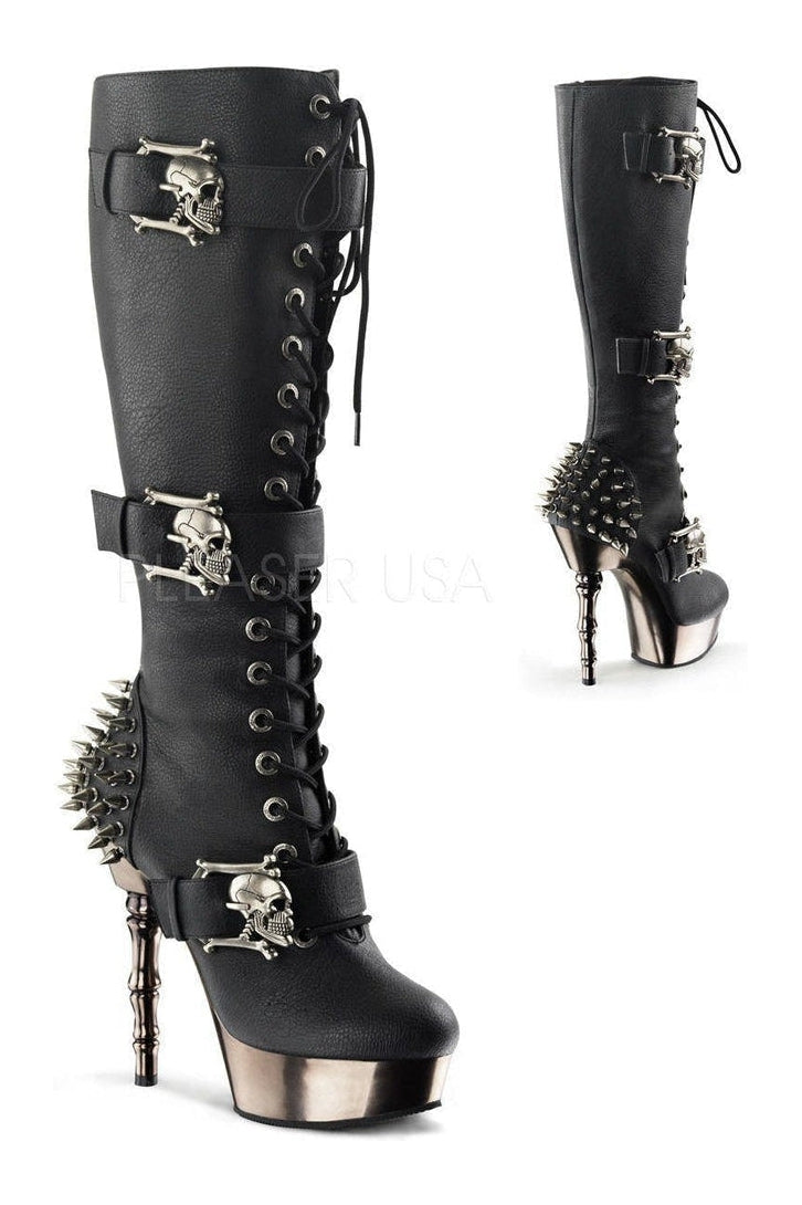 MUERTO-2028 Demonia Knee Boot | Black Faux Leather-Demonia-Black-Knee Boots-SEXYSHOES.COM