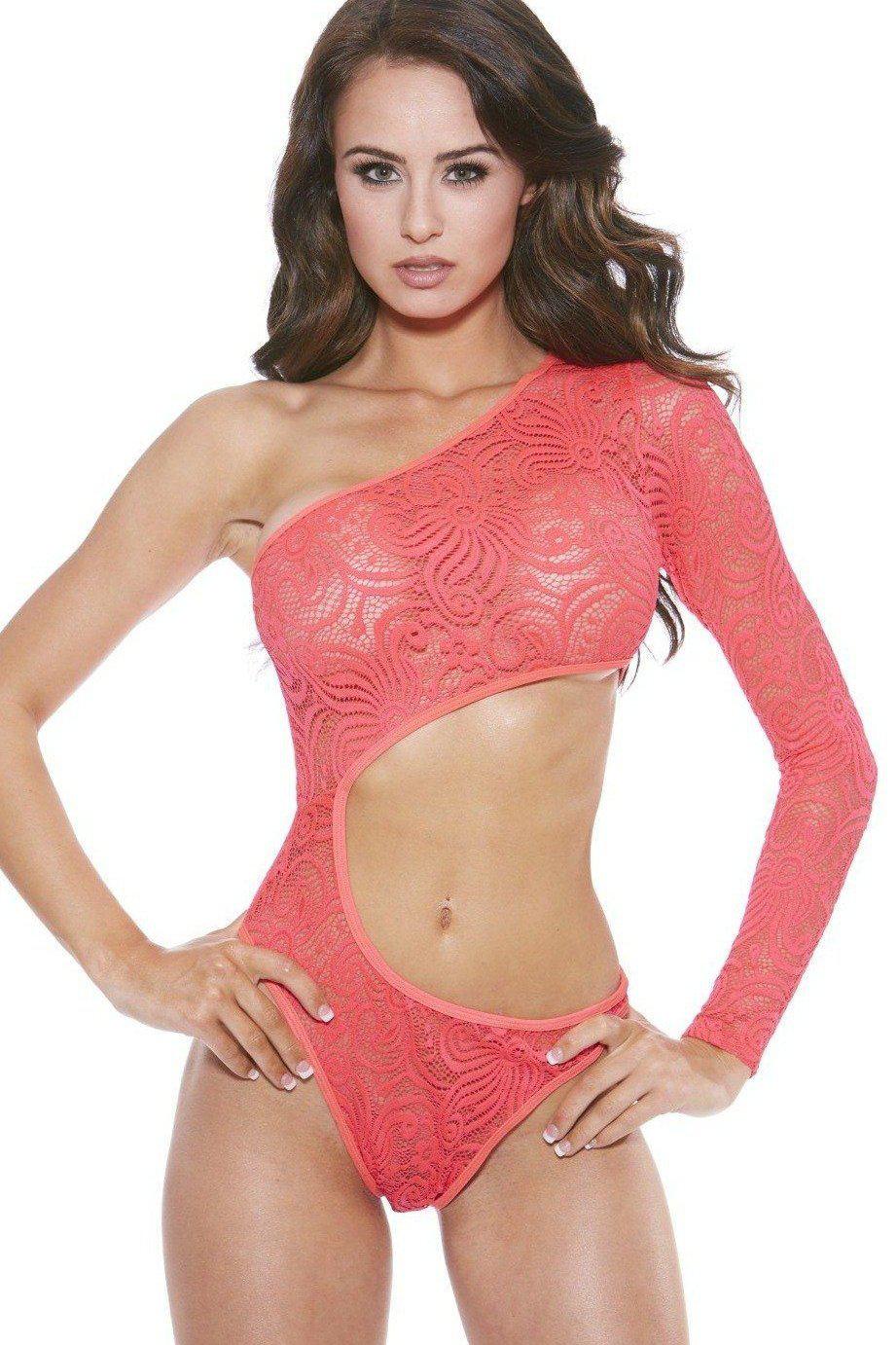 Off Shoulder Lace Bodysuit-Dancewear Rompers-Bodyshotz-Pink-O/S-SEXYSHOES.COM