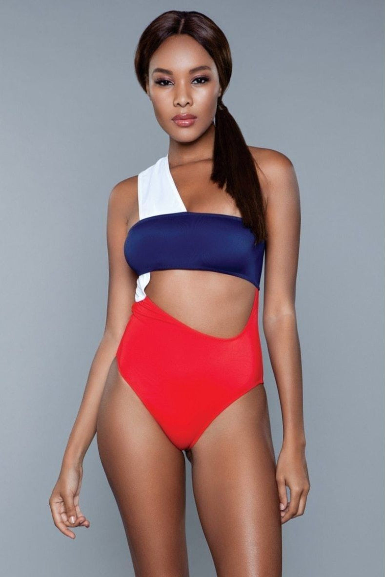 One Shoulder Cutout Swimsuit-One Piece Swim-BeWicked-Red-L-SEXYSHOES.COM
