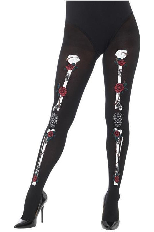 Opaque Day of the Dead Tights | Black-Fever-Black-Costume Legwear-SEXYSHOES.COM
