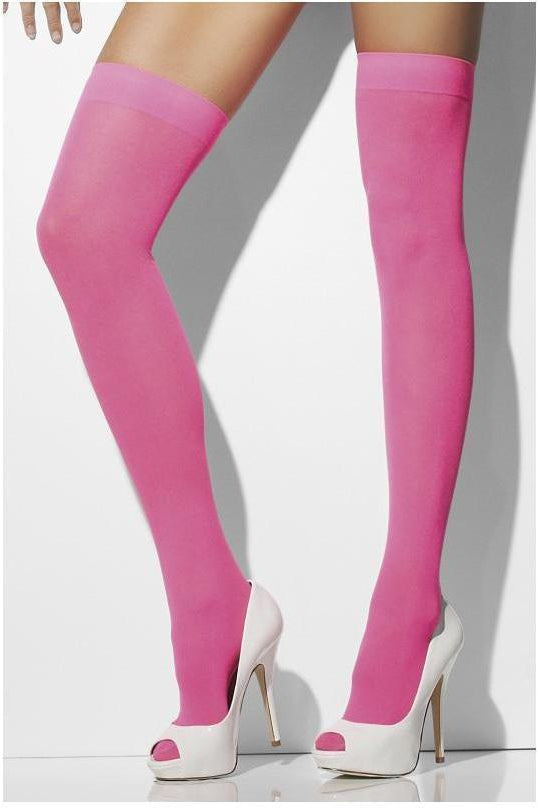 Opaque Hold-Ups | Neon Pink-Fever-Neon Pink-Thigh High Hosiery-SEXYSHOES.COM