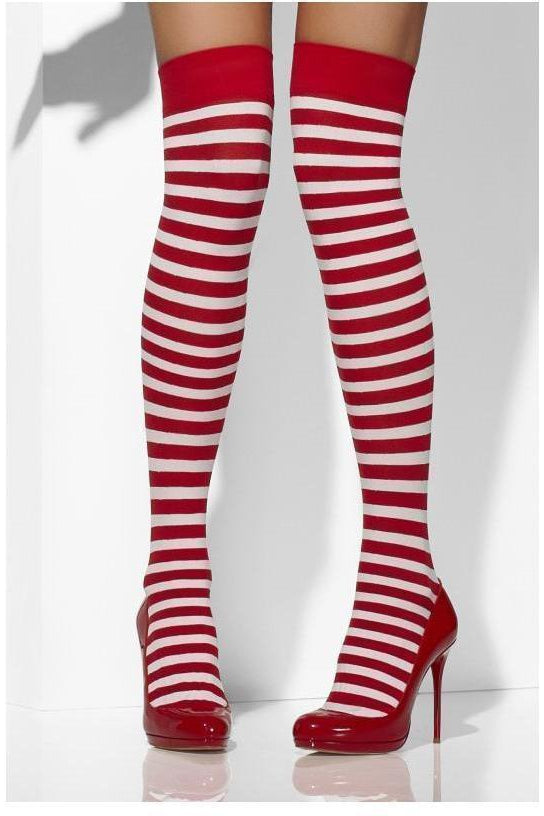 Opaque Hold-Ups | Red/White-Fever-Red/White-Thigh High Hosiery-SEXYSHOES.COM