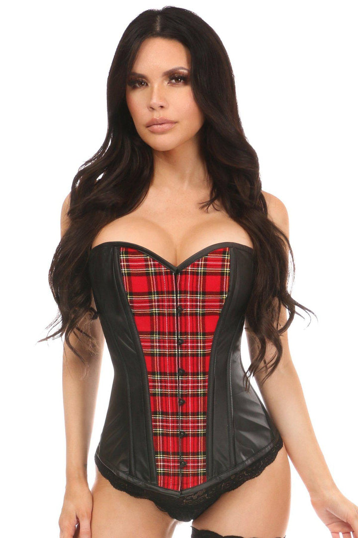 Plaid and Wet Look Overbust Corset-Overbust Corsets-Daisy Corsets-SEXYSHOES.COM