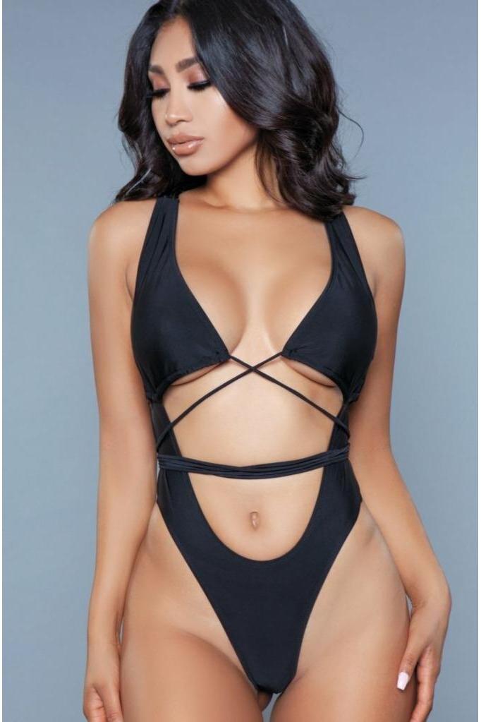 Plunge Neck Criss Cross One Piece Swimsuit-One Piece Swim-BeWicked-Black-XS-SEXYSHOES.COM