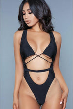 Plunge Neck Criss Cross One Piece Swimsuit