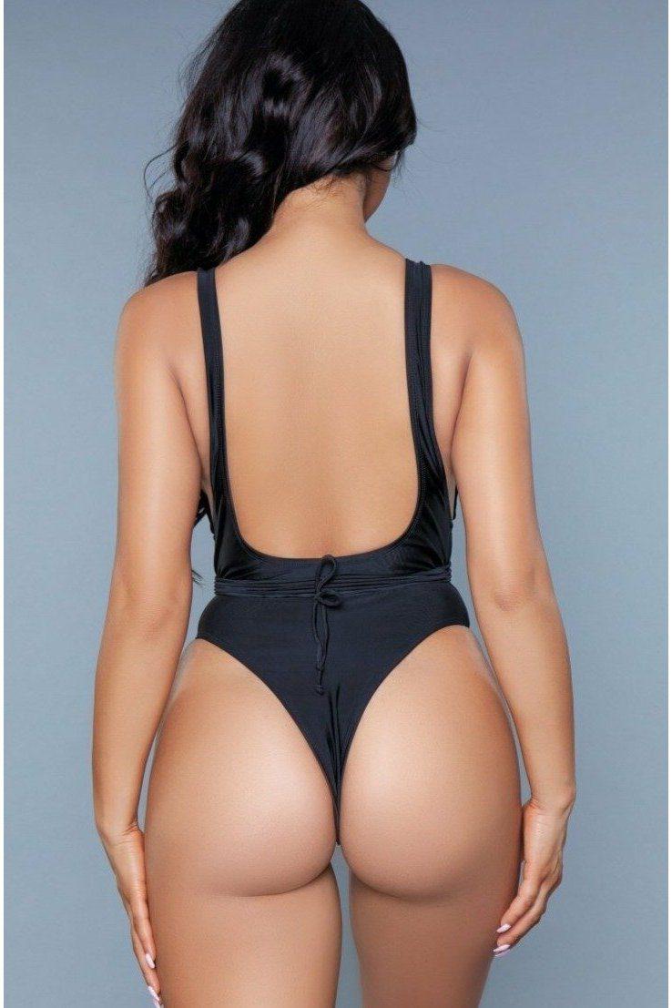 BeWicked Plunge Neck Criss Cross One Piece Swimsuit in Black 