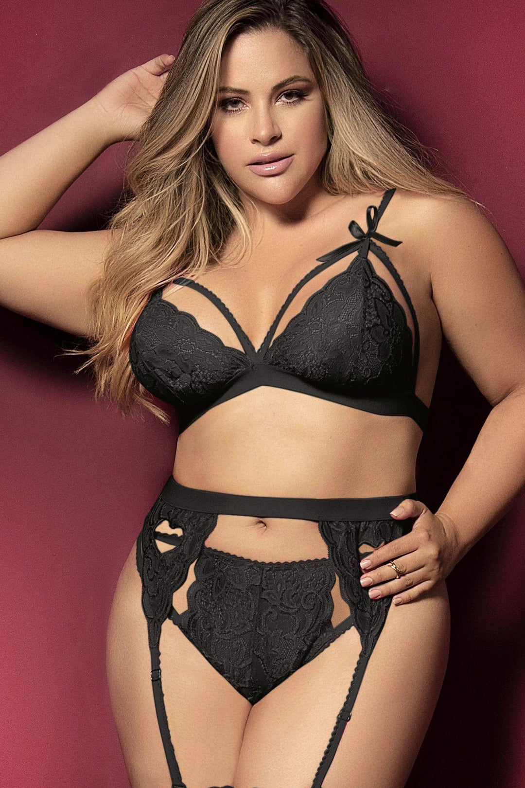 Mapale Plus Size Bra Set with Garter Belt in Black  from SexyShoes.com