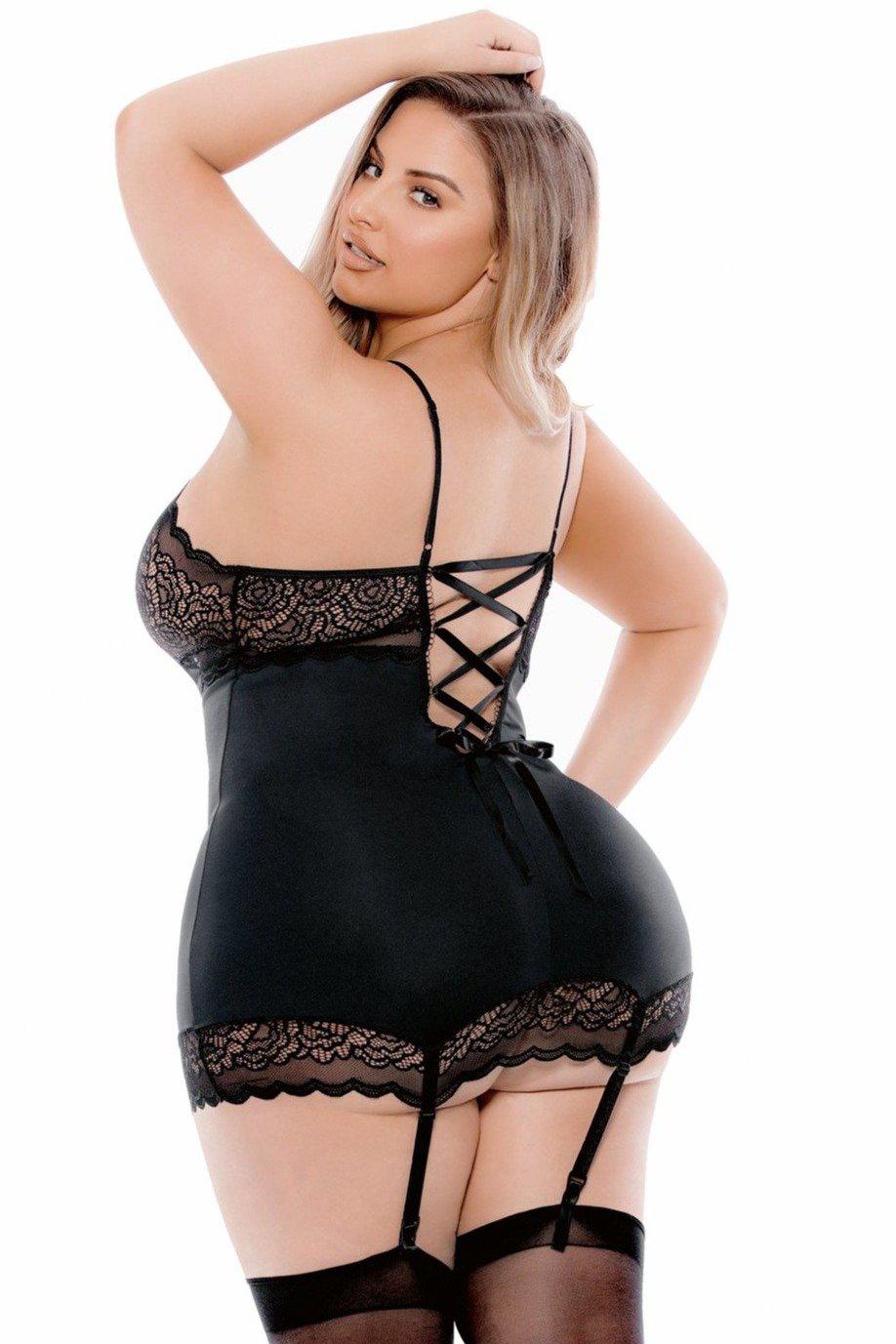 Escante Plus Size Bustier with Stockings in Black 