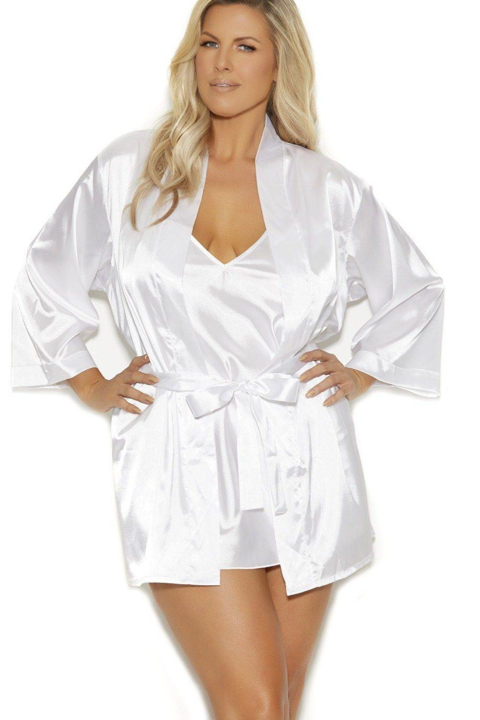 Elegant Moments Plus Size Charmeuse Kimono Robe in White  from SexyShoes.com